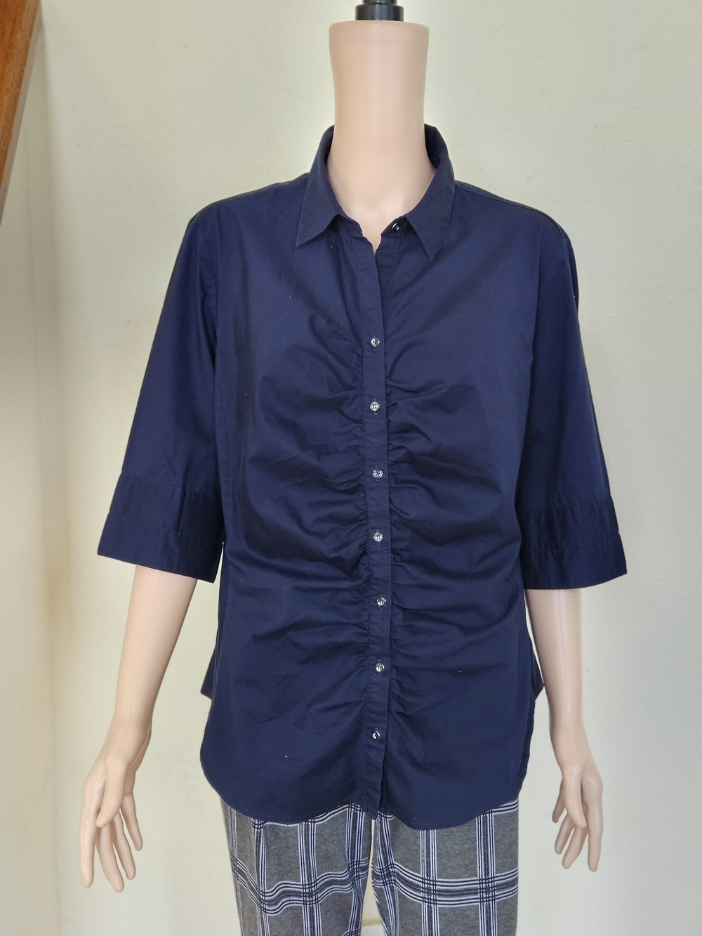 Women's Navy Ruched Front Button-Up Blouse